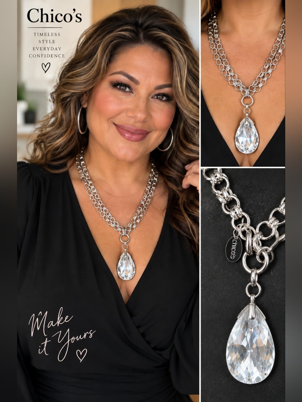 Chico’s Silver Tone Double Strand Chain Clear Crystal Teardrop Pendant Necklace